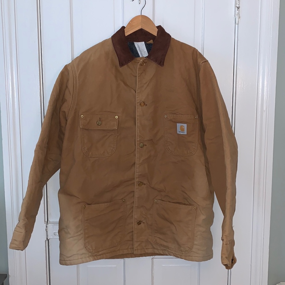VINTAGE CARHARTT MENS TAN BLANKET LINED CHORE JACKET WITH CORDUROY COLLAR